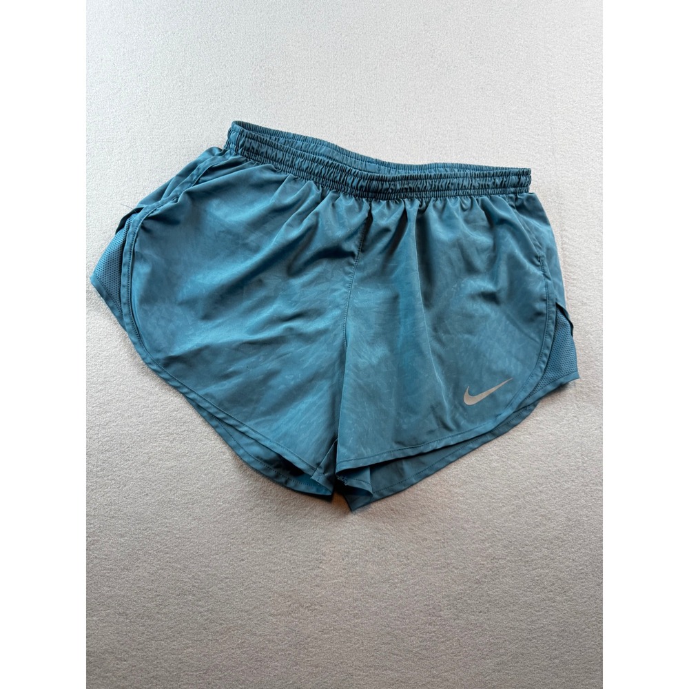 Nike Dri-FIT Teal Camo Running Shorts Womens Zipper Pocket Mesh Trim